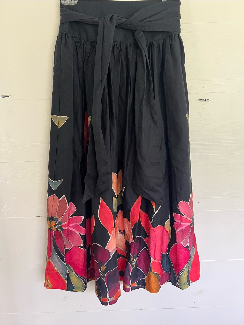 Carolina K Black Maxi Skirt with Pink & Orange Floral Border and Wrap Tie
